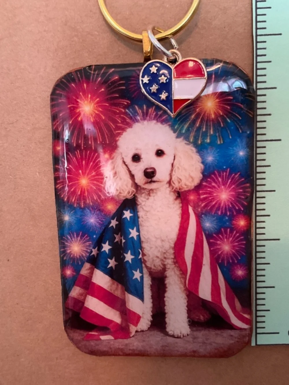 White Poodle Patriotic American Flag dog keyring / purse charm handmade by Sally